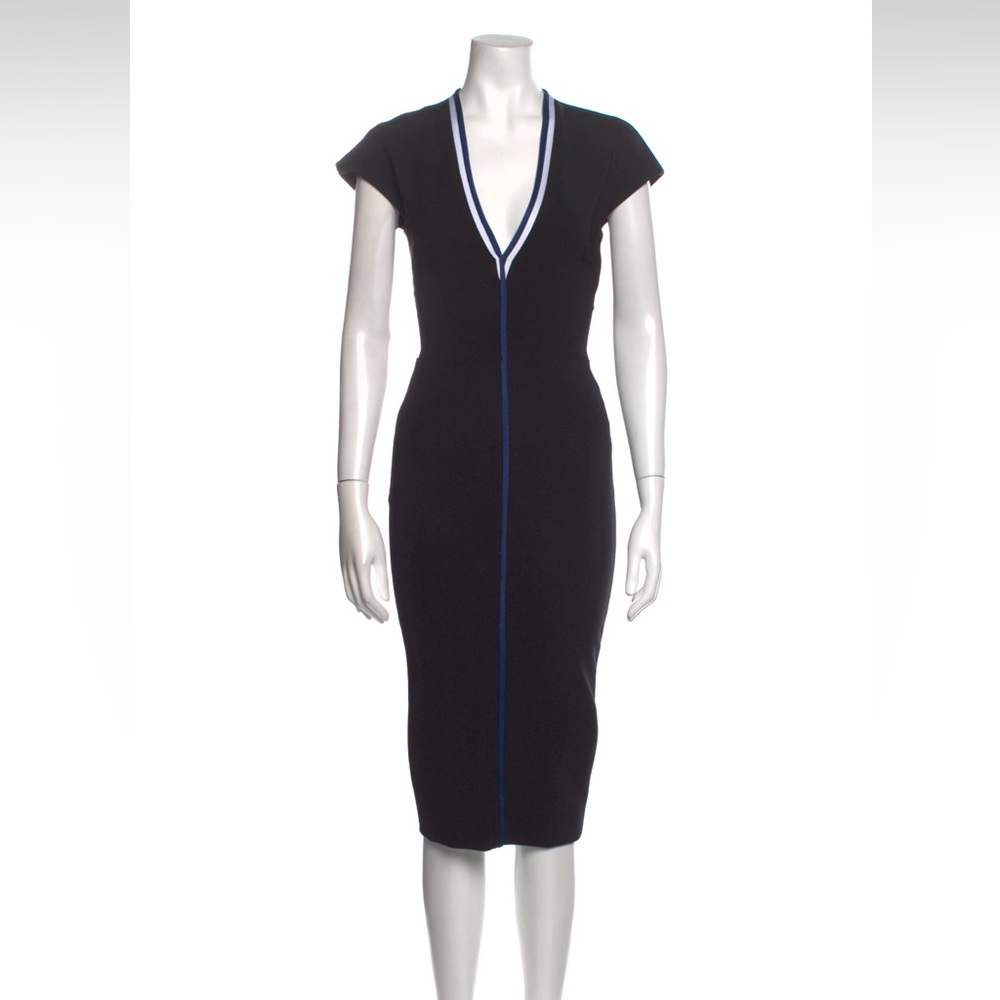 Victoria Beckham Black Midi V-Neck Dress Blue Trim Cap Short Sleeves UK 6 US 2